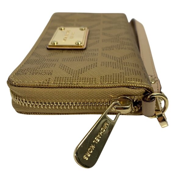 MICHAEL KORS MK Logo Gold Leather Zip Around Jet Set Wallet Wristlet Clutch - Picture 8 of 10